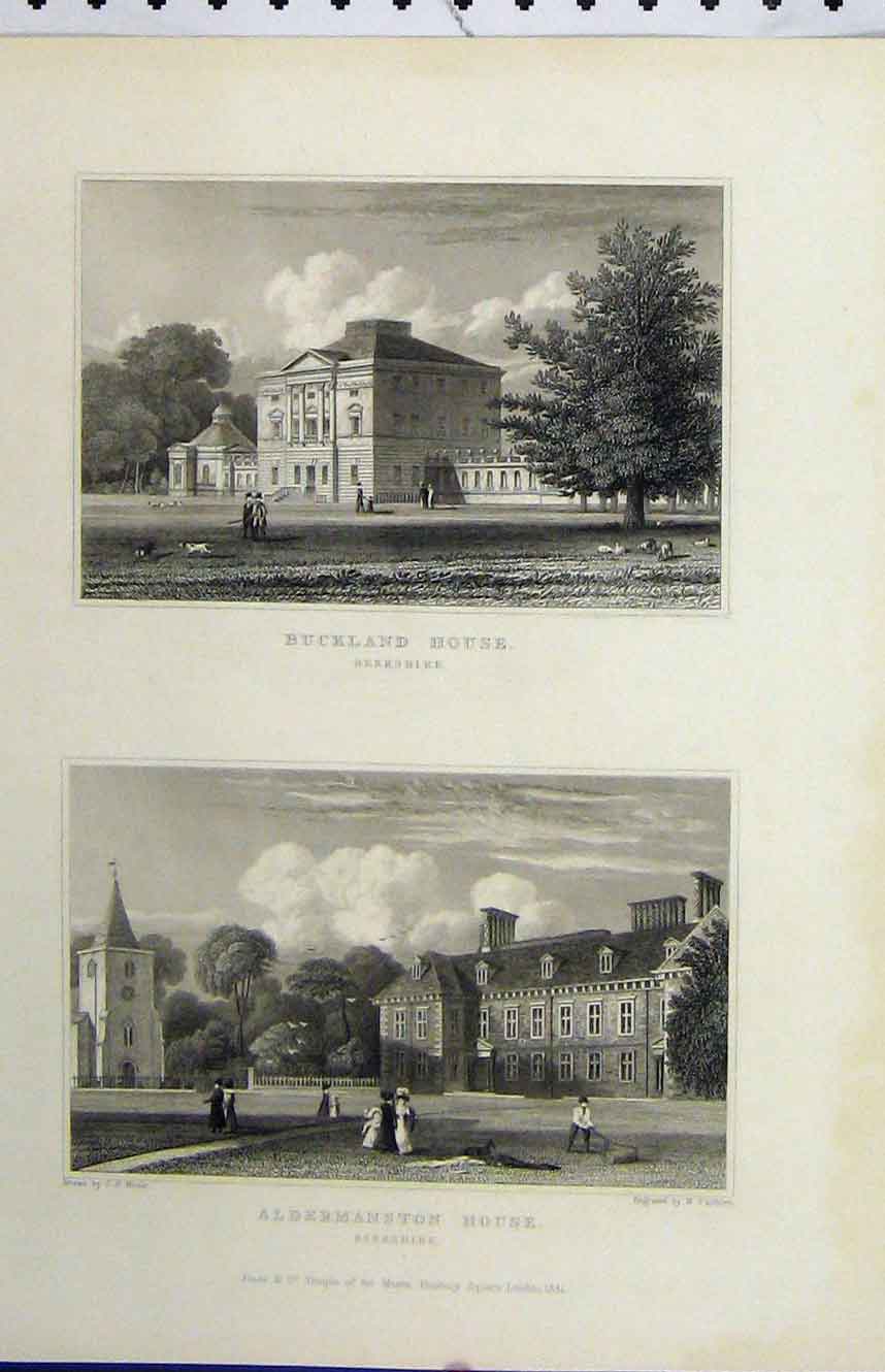 Original Old Antique Print 1831 View Buckland House Aldermanston Berkshire 19th