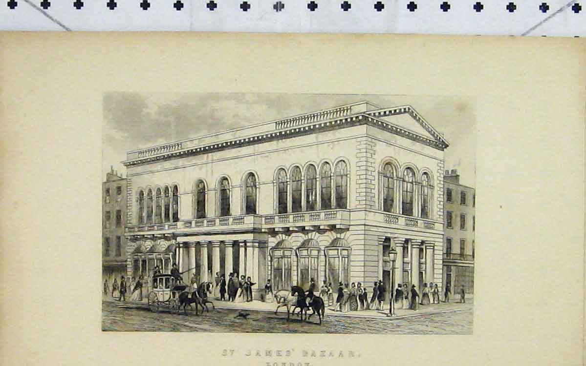 Original Old Antique Print View St James Palace London Street Scene