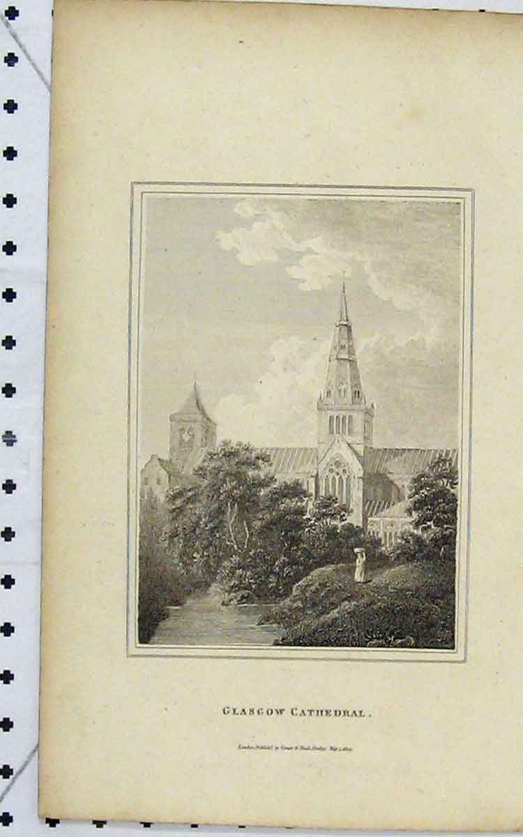 Original Old Antique Print 1805 View Glasgow Cathedral Scotland Steeple 19th