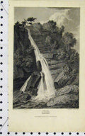 Original Old Antique Print 1813 View Waterfall Cayne North Wales River 19th