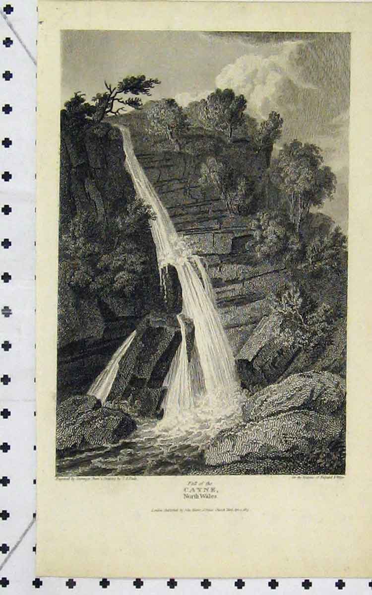Original Old Antique Print 1813 View Waterfall Cayne North Wales River 19th