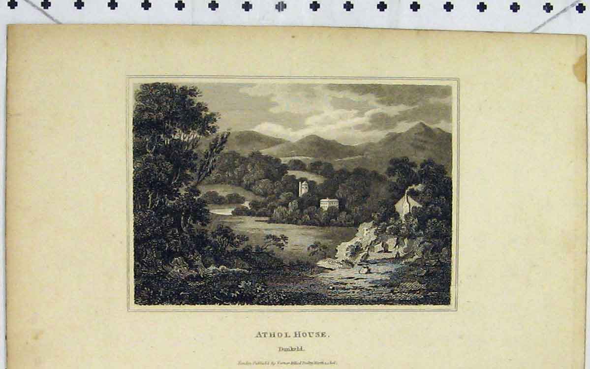 Original Old Antique Print 1806 View Athol House Dunkeld Scotland 19th Century