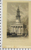 Original Old Antique Print 1827 View Pancrass Church West Front Buildng Tingle