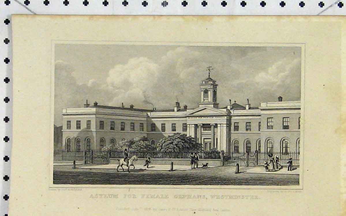 Original Old Antique Print 1828 View Assylum Female Orphans Westminster London