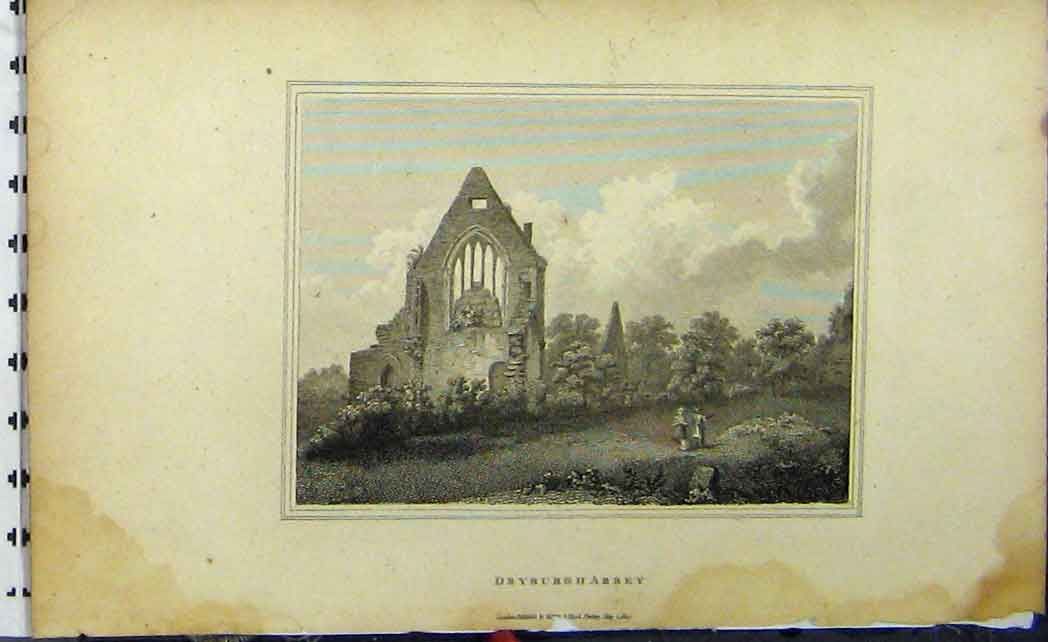 Original Old Antique Print 1805 View Dryburgh Abbey Building Ruins 19th Century