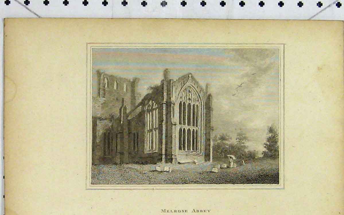 Original Old Antique Print 1805 View Melrose Abbey Scotland Ruins 19th Century