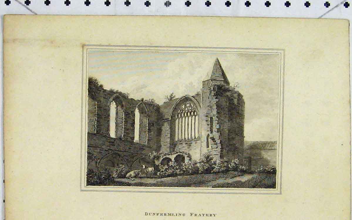 Original Old Antique Print 1805 View Dunfermline Fratery Buildings Ruins 19th