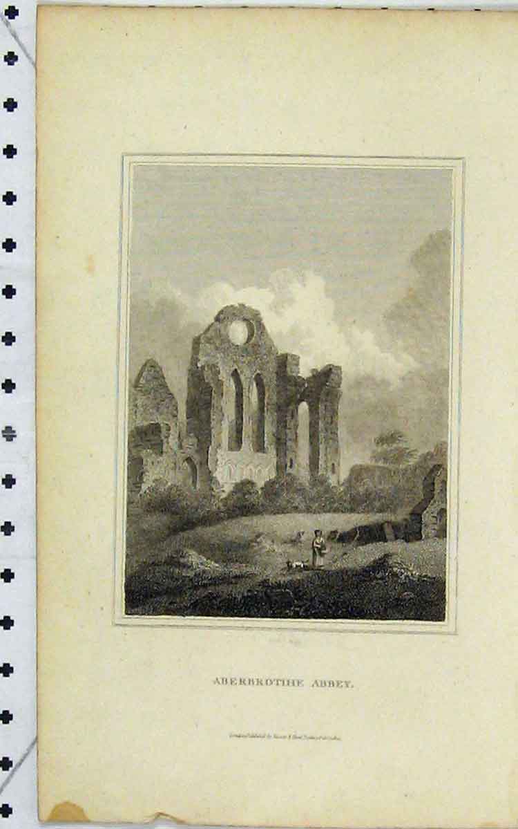 Original Old Antique Print 1805 View Aberbrotihe Abbey Ruins Country Scene 19th