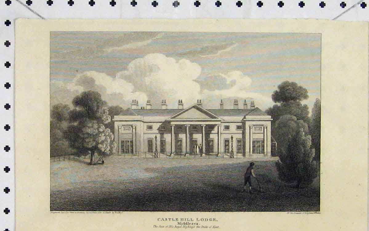 Original Old Antique Print 1814 View Castle Hill Lodge Middlesex Duke Kent Pye