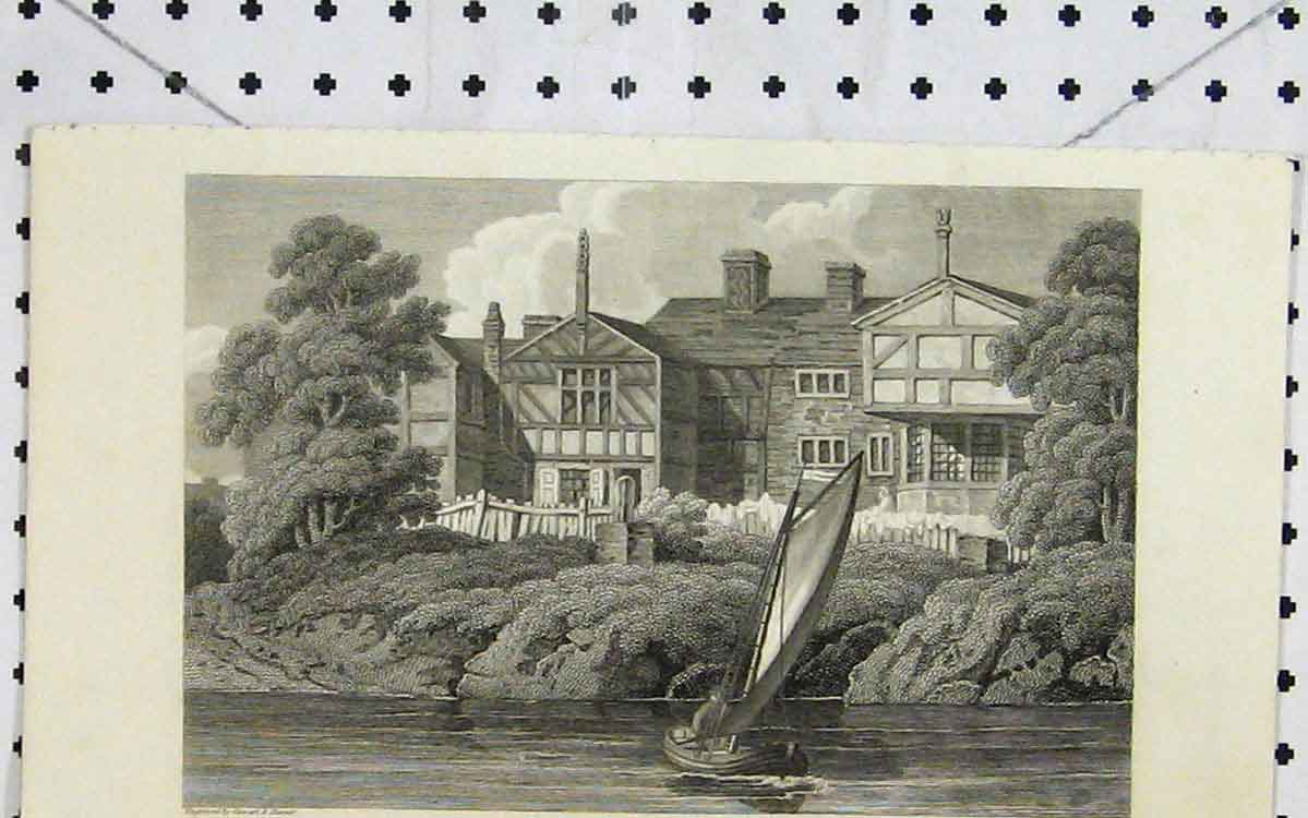 Original Old Antique Print 1808 View Hulme Hall Lancashire House River Boat