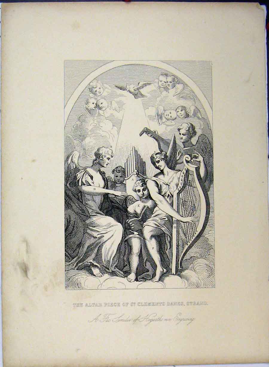Original Old Antique Print 1761 Hogarth Altar Piece Clements Danes Strand Music