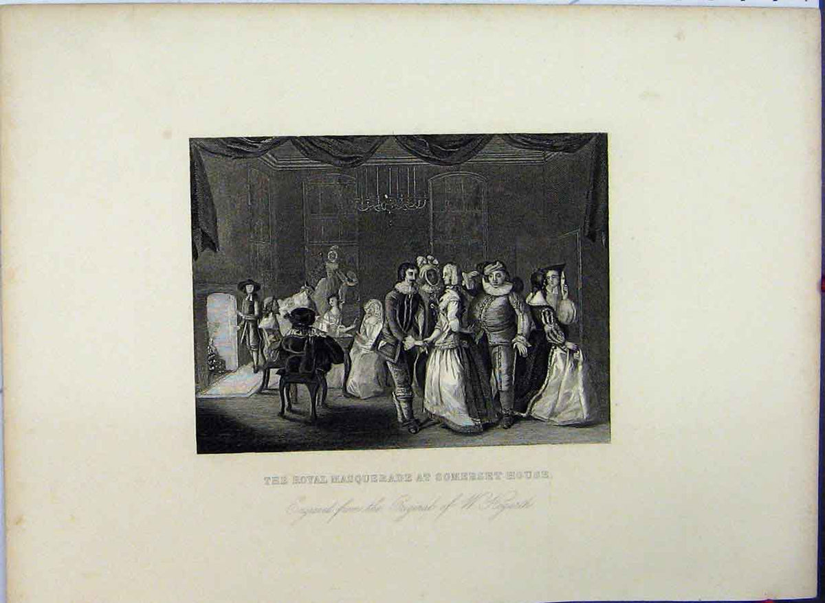Original Old Antique Print Royal Masquerade Somerset House 1761 Hogarth Romance