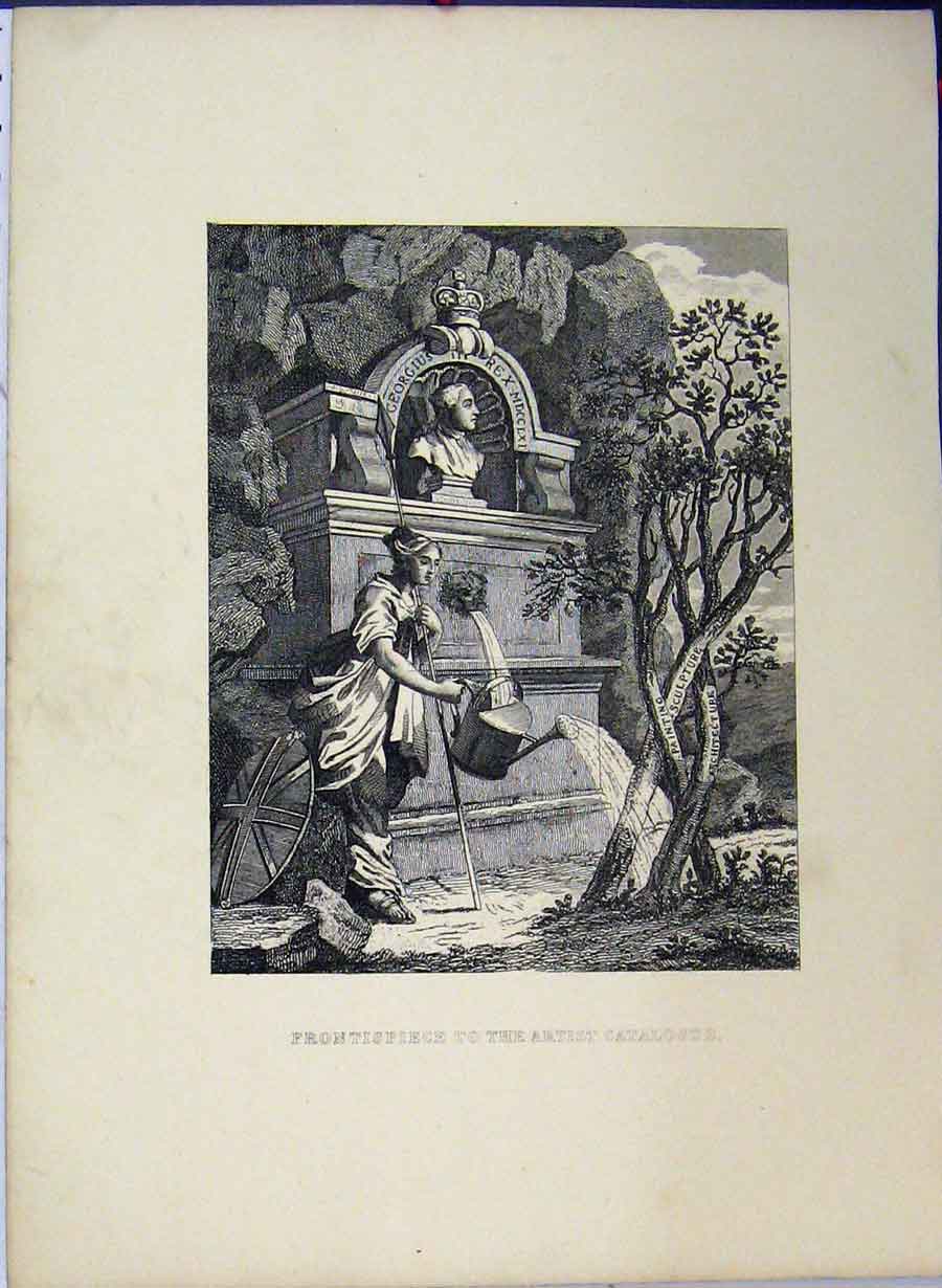 Old Antique Print Frontpiece Artist Catalogue Hogarth Statue Water 1761