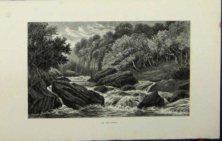 Original Old Antique Print C1879 View River Greta Hissey England Rocks Trees