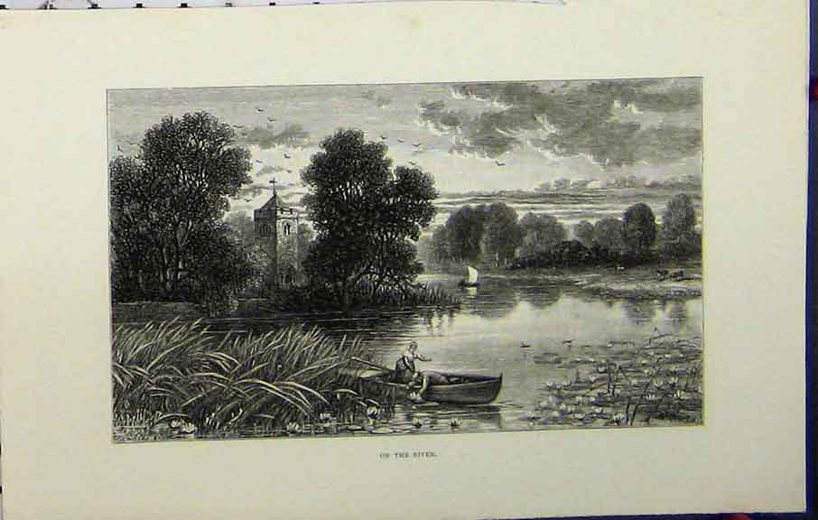 Original Old Antique Print Country Scene River C1879 Boat Hissey England Church