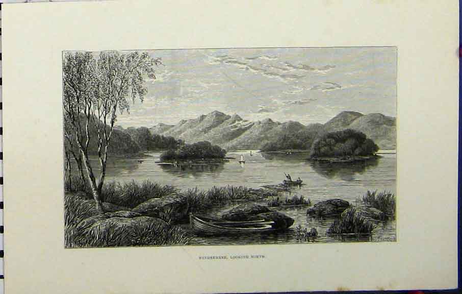 Original Old Antique Print C1879 View Lake Windermere Mountains Hissey England
