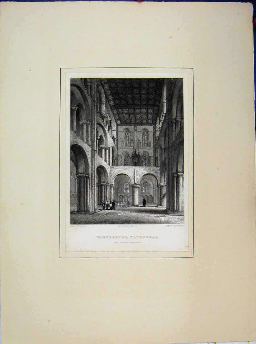 Original Old Antique Print Winchester Cathedral North Transept Griffith Winkles