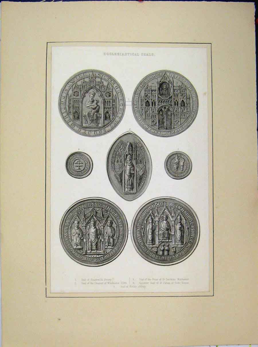 Old Antique Print Ecclesiastical Seals Southwick Winchester Netley Abbey