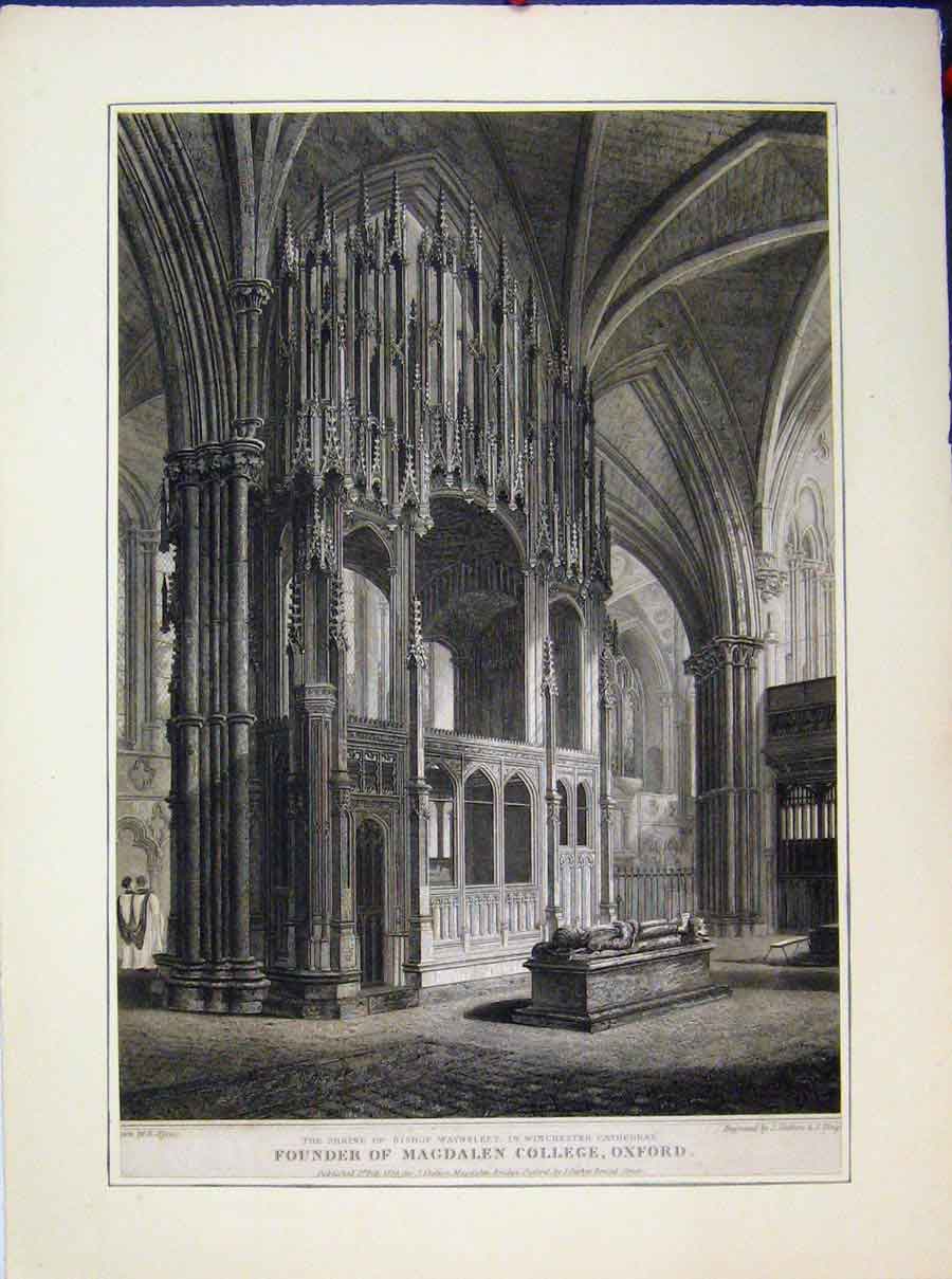 Old Antique Print View Shrine Bishop Waynfleet Winchester Cathedral 1829 19th