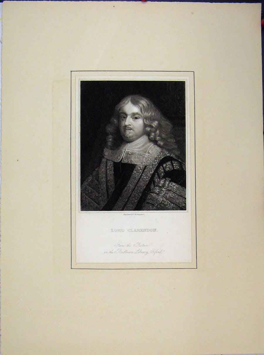 Original Old Antique Print Portrait Lord Clarendon Bodleian Library Oxford