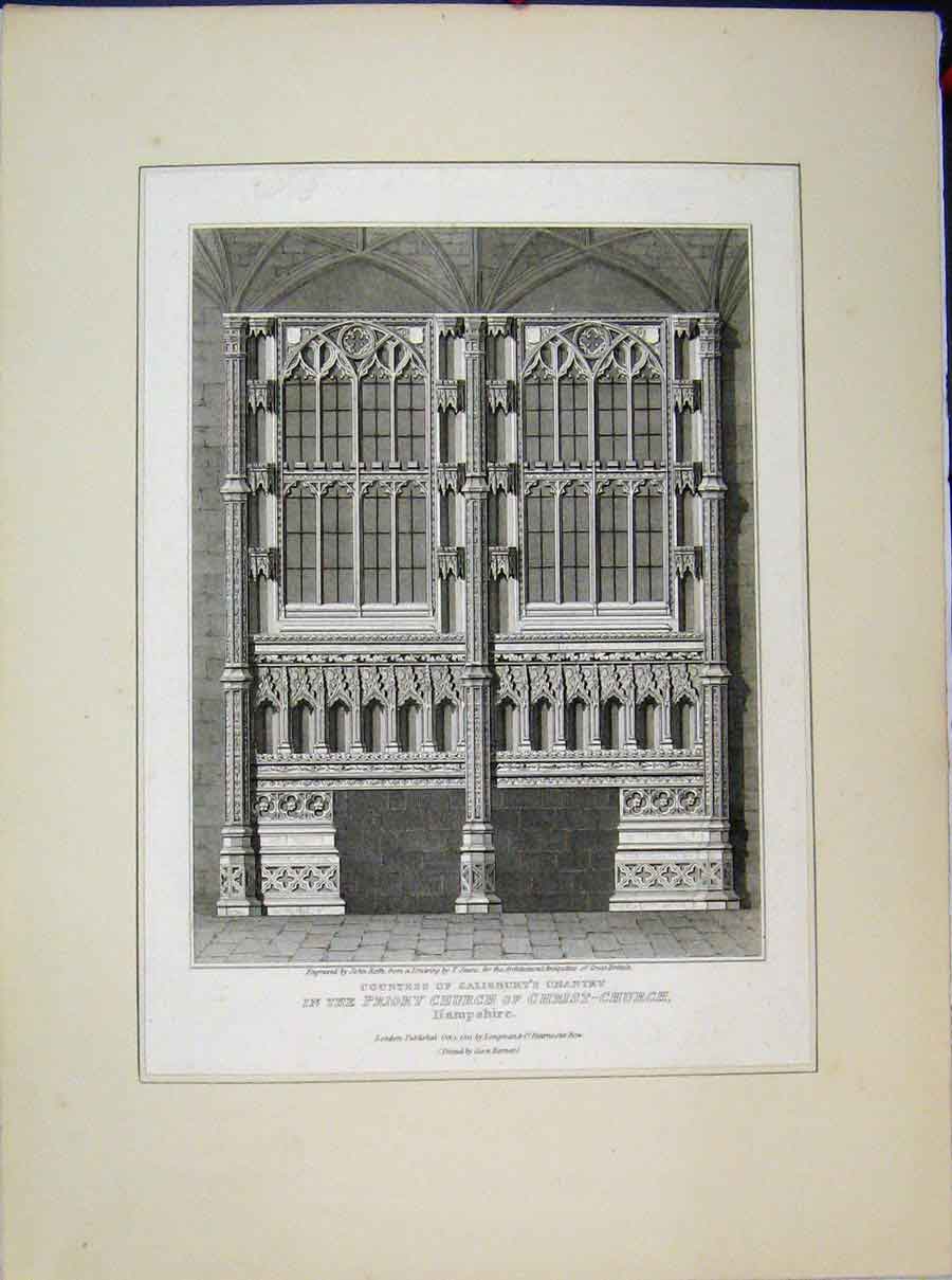 Old Antique Print Countess Salisbury Chantry 1811 Priory Church Hampshire 19th