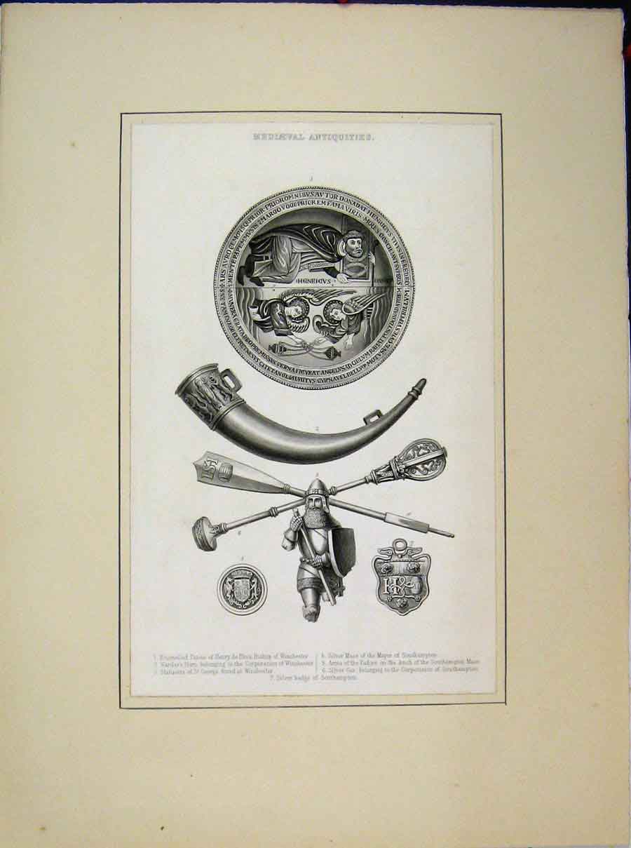 Original Old Antique Print Mediaeval Antiquities Patine Mace Tudors Warder Horn