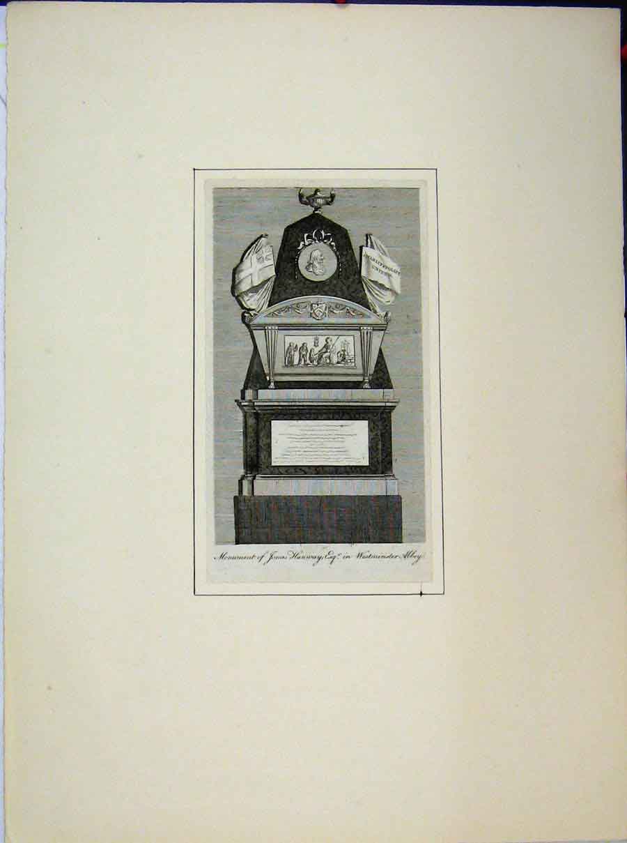 Original Old Antique Print Monument Jonas Hanway Westminster Abbey
