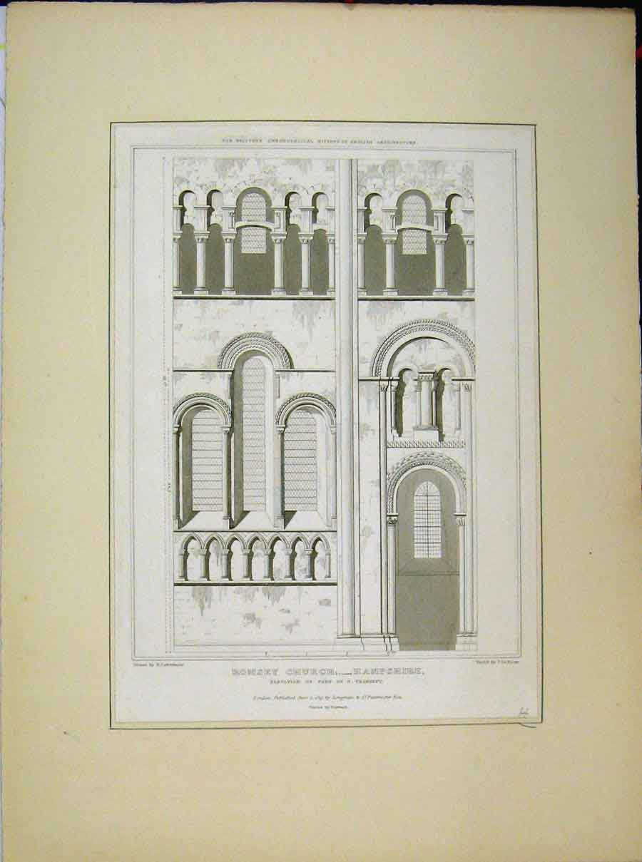Original Old Antique Print 1819 Romsey Church Hampshire Elevation Transept 19th