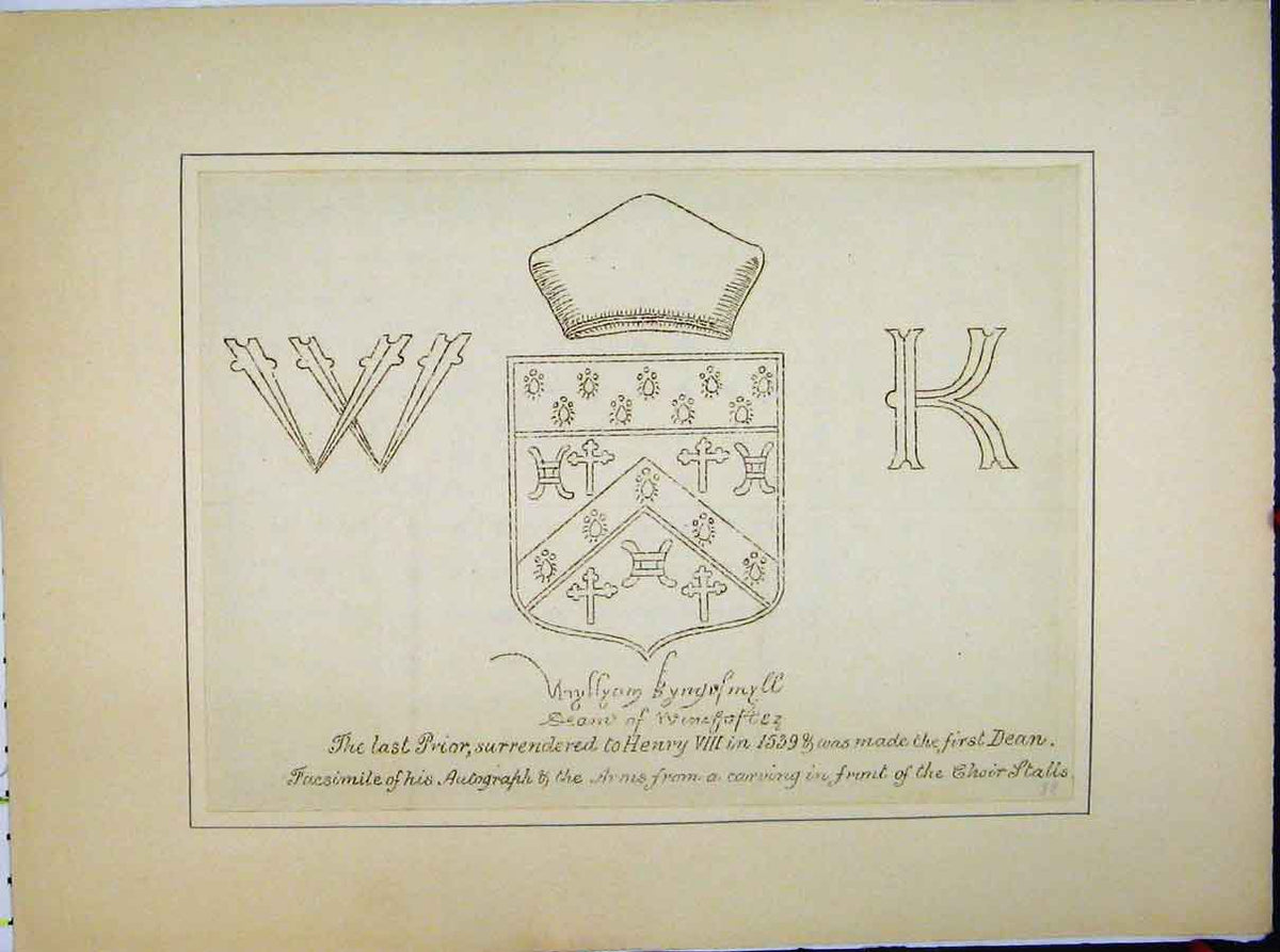 Original Old Antique Print Prior Henry Viii Dean Facsimilie Autograph Carving