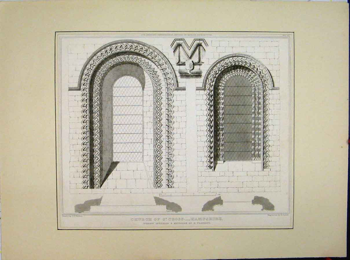 Original Old Antique Print Church St Cross Hampshire Window Interior Transept