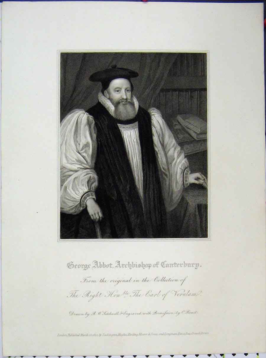 Original Old Antique Print 1820 Portrait George Abbot Archbishop Canterbury