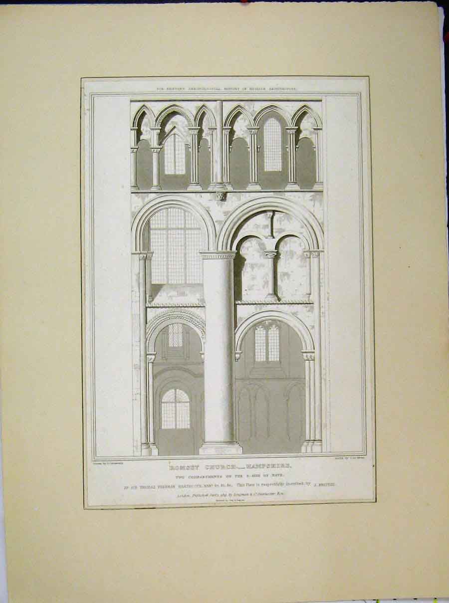 Original Old Antique Print 1819 Romsey Church Hampshire Compartments Nave Keux