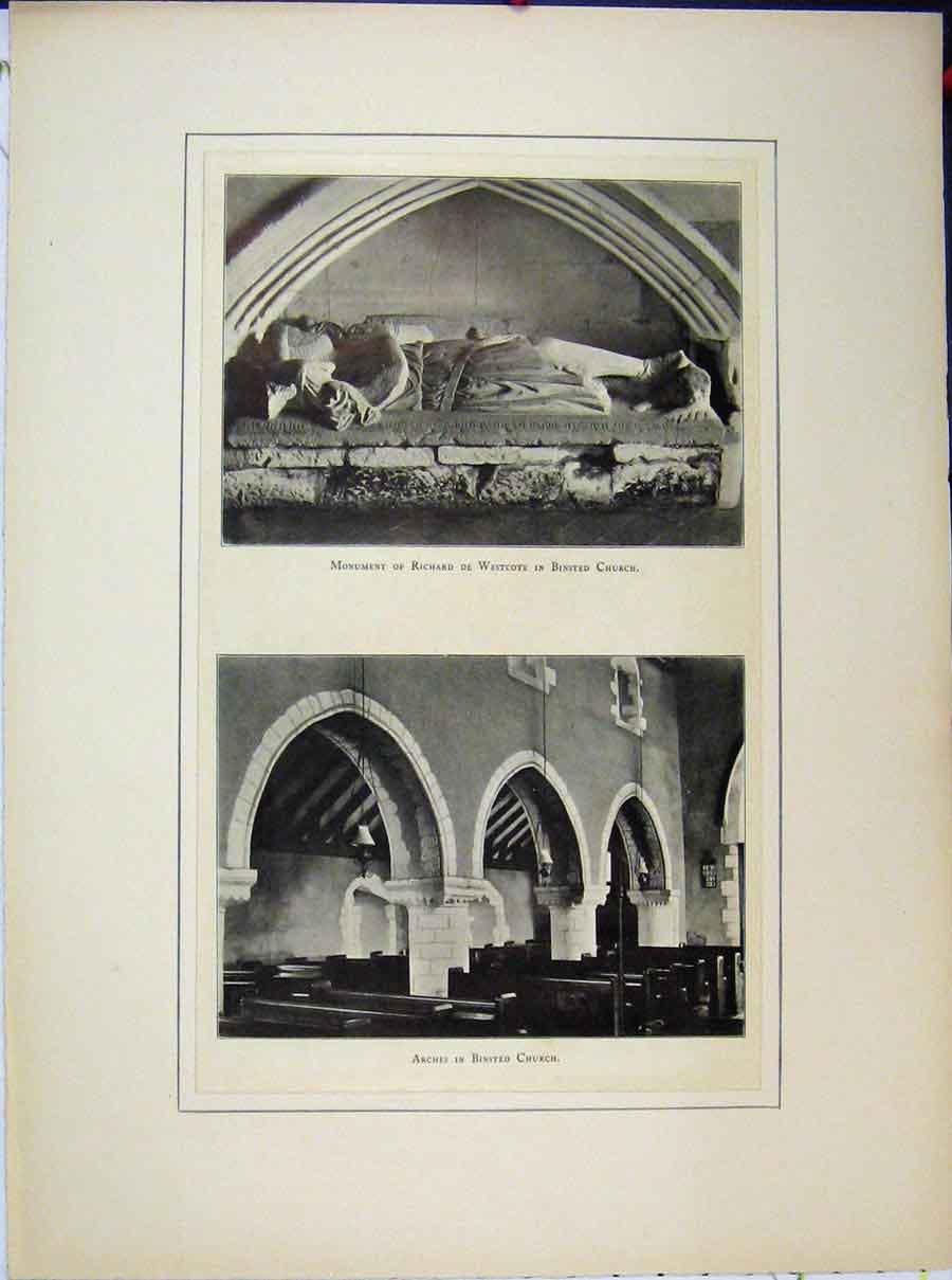 Original Old Antique Print Monument Richard Westcote Binsted Church Arches