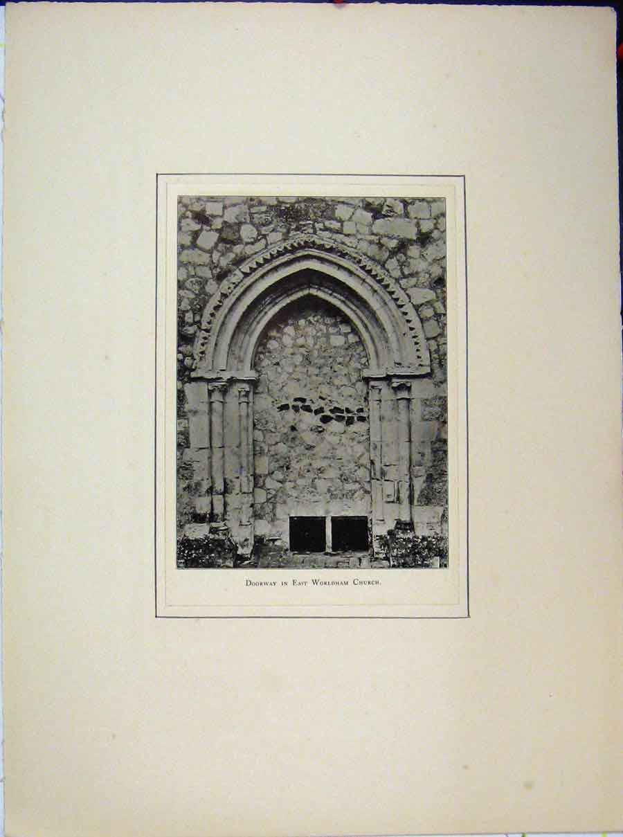Original Old Antique Print Doorway East Worldham Church Archway