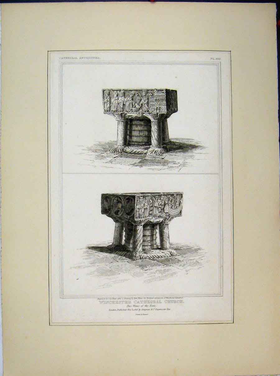 Original Old Antique Print 1816 Winchester Cathedral Church Views Font Keux