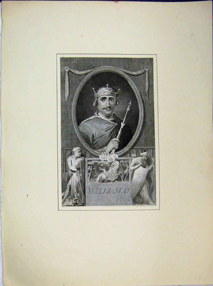 Original Old Antique Print Portrait King William Ii Crown Knights