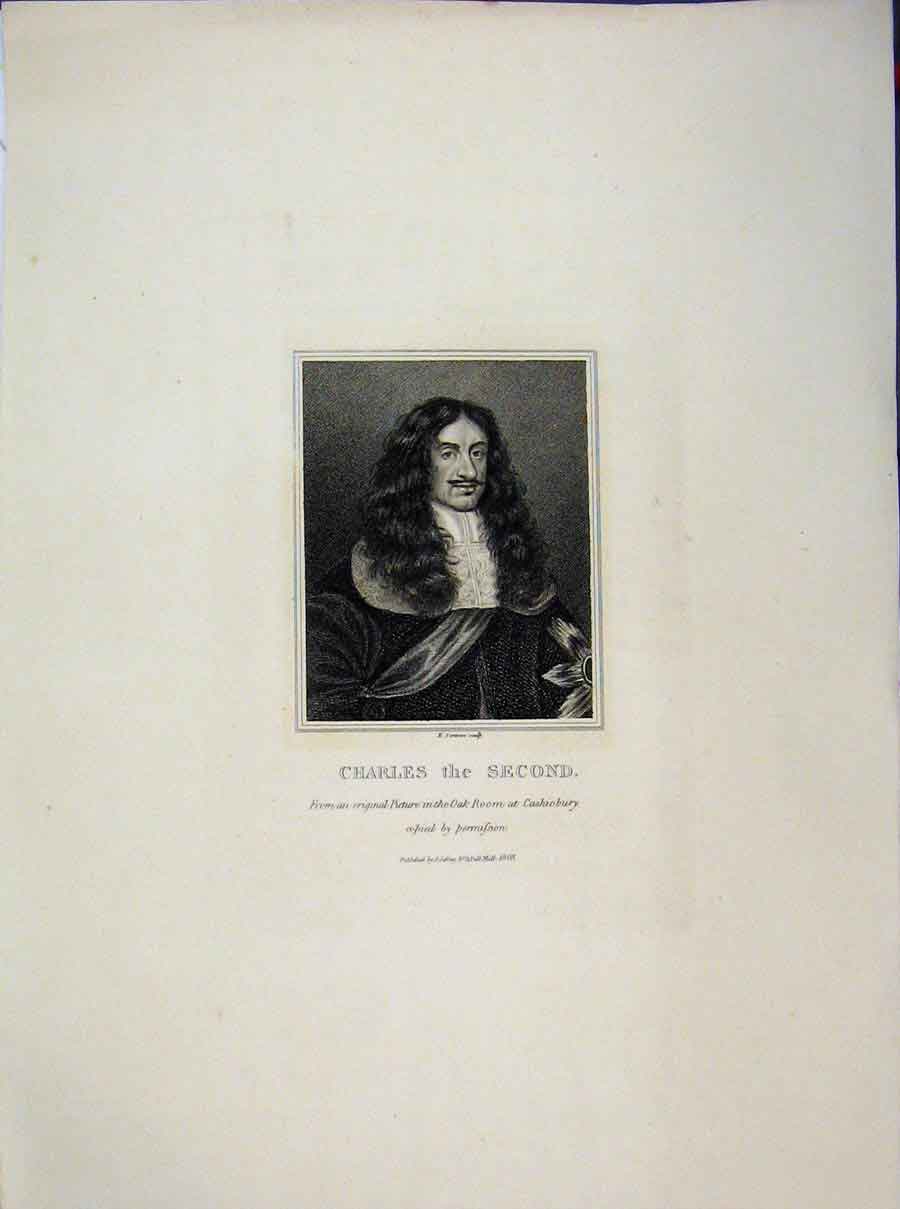 Original Old Antique Print 1808 Portrait Charles Ii Oak Room Cashionbury 19th