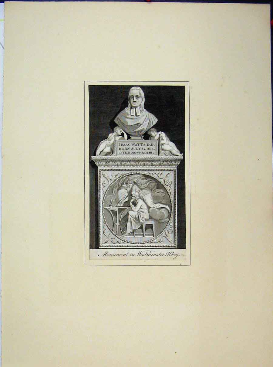 Original Old Antique Print Monument Westminster Abbey Isaac Watts