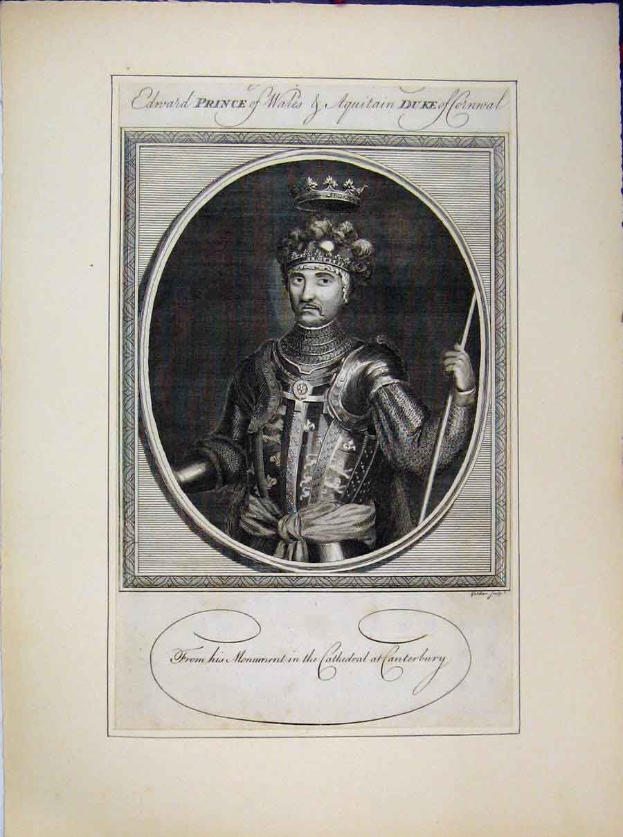 Old Antique Print Edward Prince Wales Duke Cornwall Canterbury Cathedral