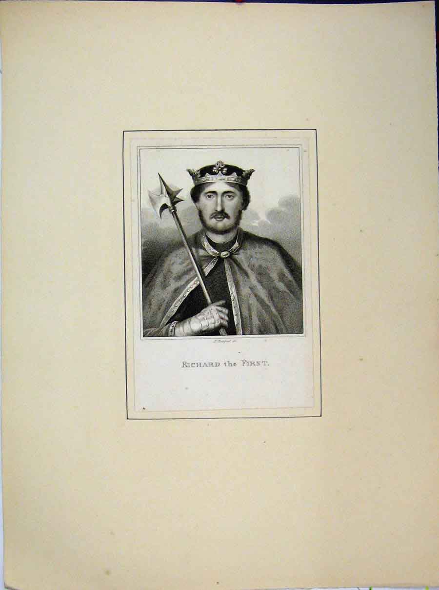 Original Old Antique Print Portrait Richard I Crown Man Bocquet