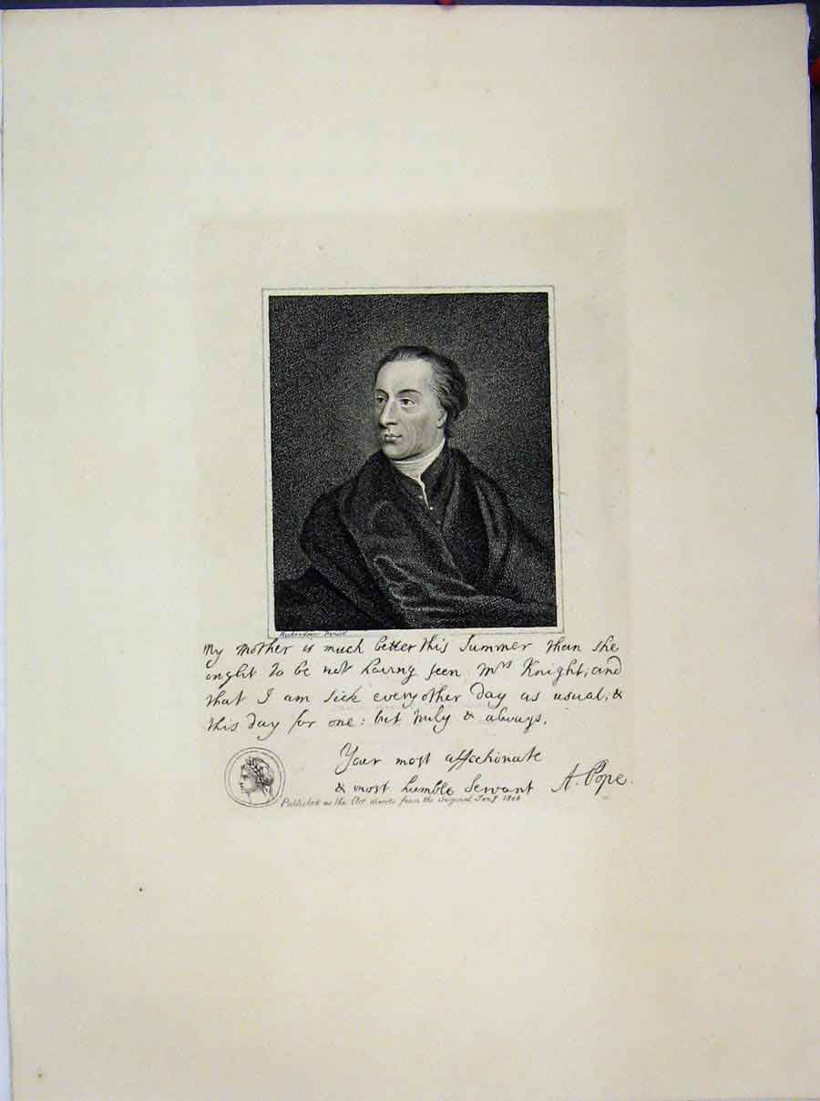Original Old Antique Print Portrait Man Letter 1806 Pope Mrs Knight 19th