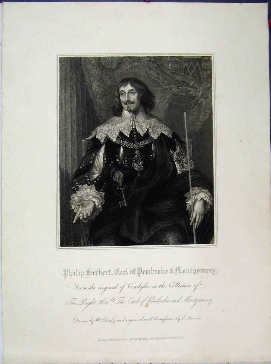 Old Antique Print Portrait Philip Herbert Earl Pembroke Montgomery 1827 19th