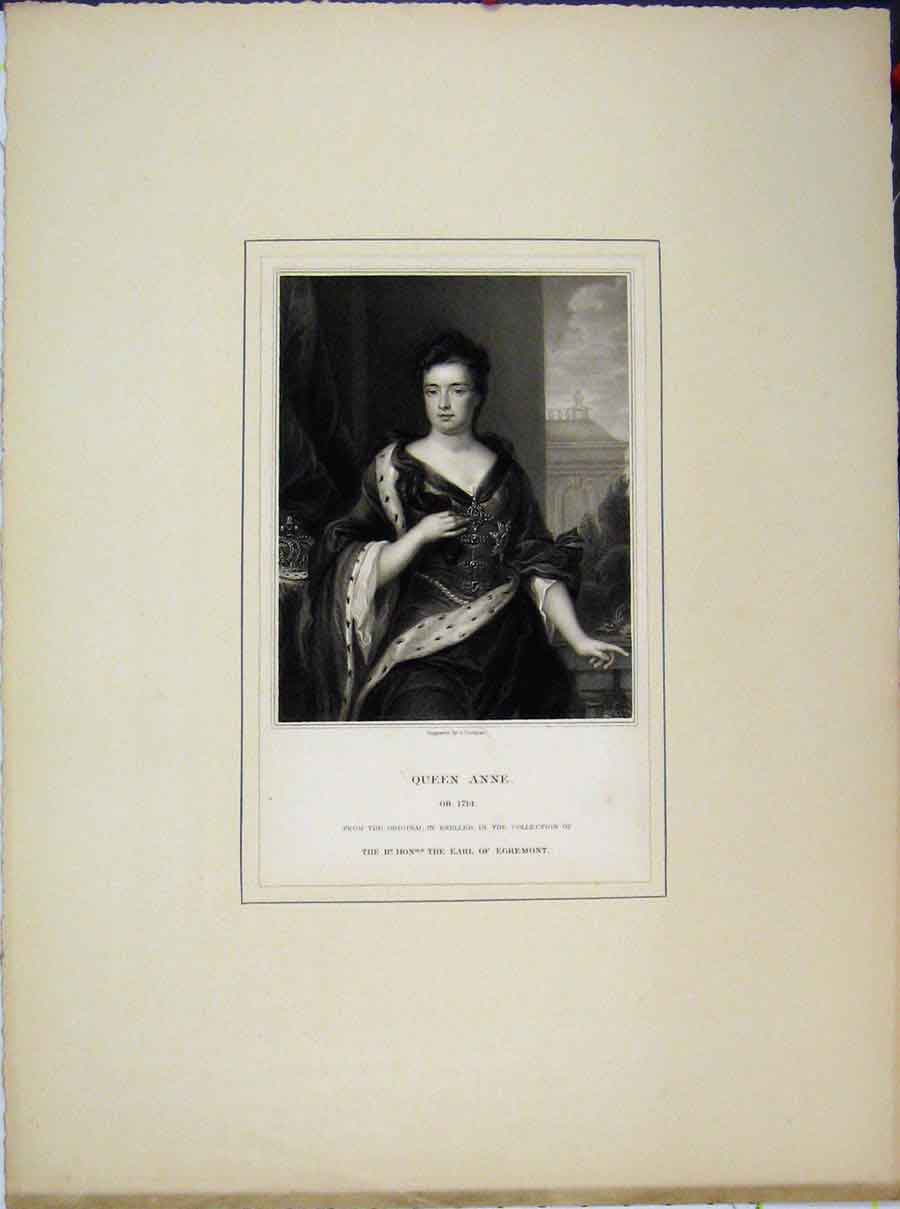 Original Old Antique Print Portrait Queen Anne Kneller Earl Egremont