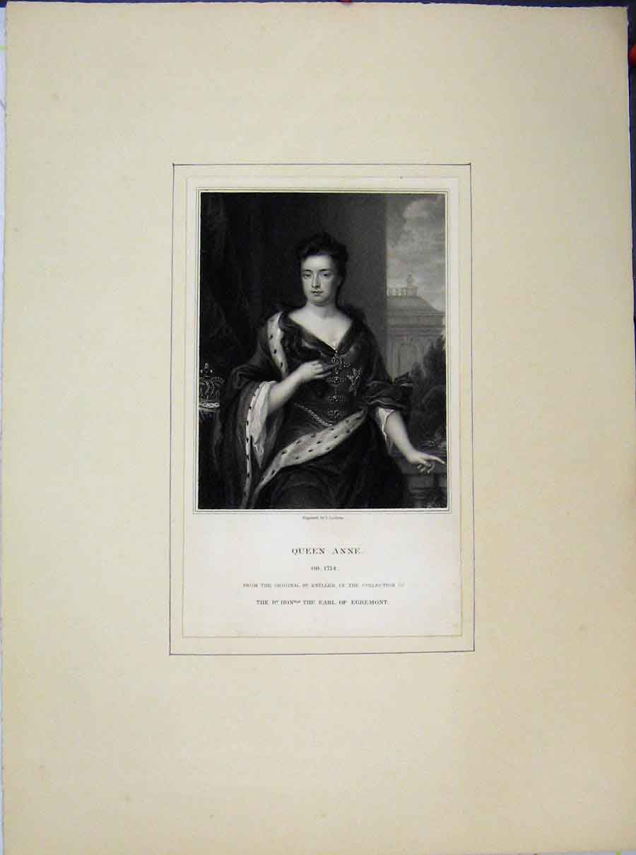 Original Old Antique Print Portrait Queen Anne Kneller Earl Egremont