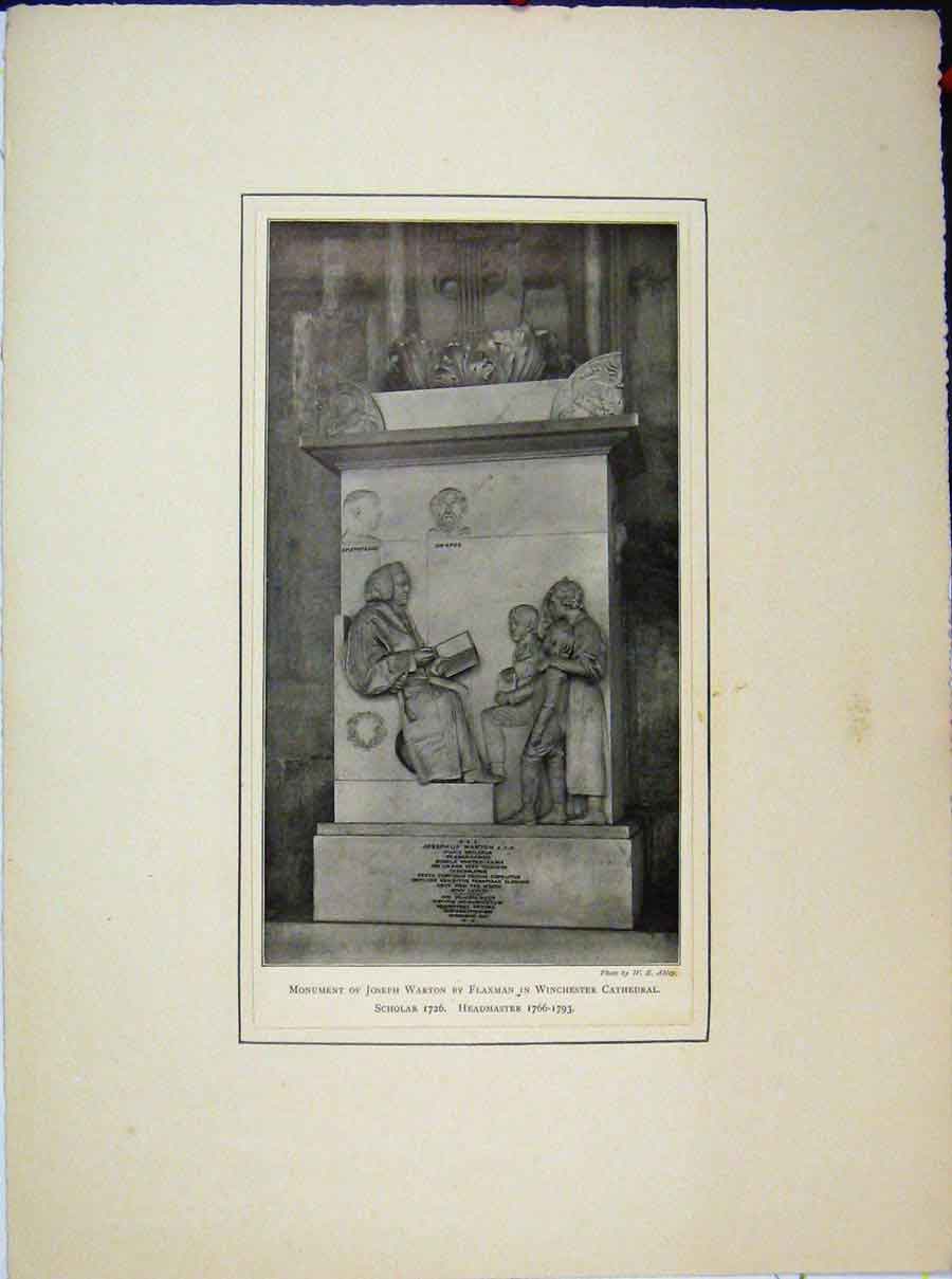 Original Old Antique Print Monument Joseph Warton Flaxman Winchester Cathedral