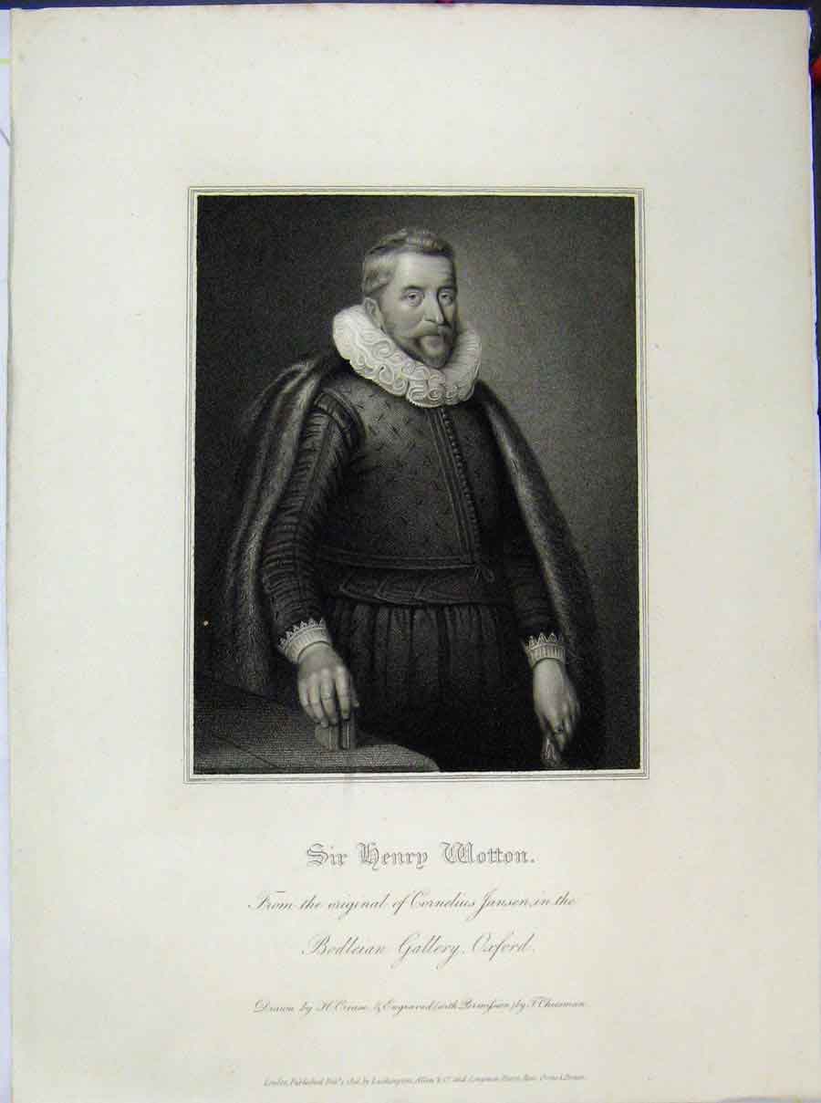 Old Antique Print 1816 Portrait Sir Henry Wotton Bodleian Gallery Oxford 19th