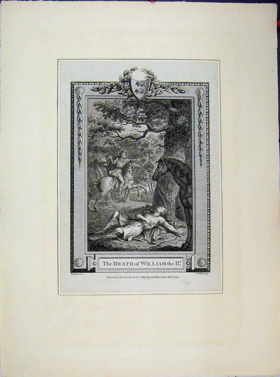 Original Old Antique Print 1777 Scene Death William Ii Horse Country 18th