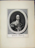 Original Old Antique Print Portrait Charles Premier 1724 Curly Hair Beard