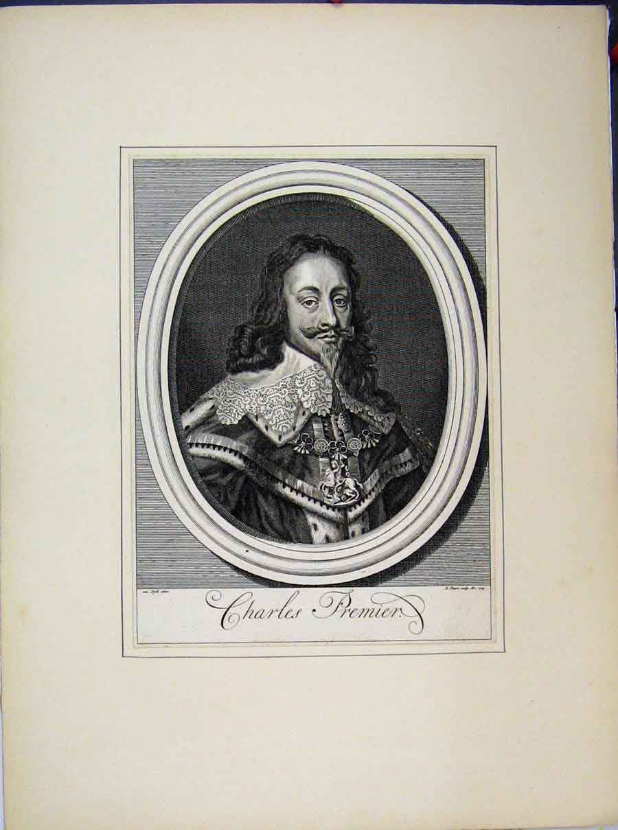 Original Old Antique Print Portrait Charles Premier 1724 Curly Hair Beard