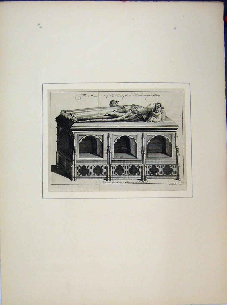 Original Old Antique Print Monument Henry V Westminster Abbey Rider'S History